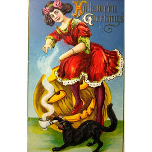 Halloween Witch Postcard Fantasy Lions Head Pumpkin JOL Smoking Pipe Black Cat